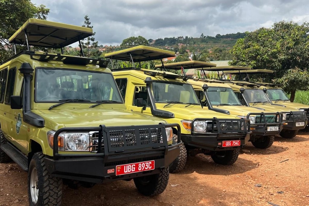 Open-top safari Land Cruisers lined up — vehicles used for game drives across Uganda.