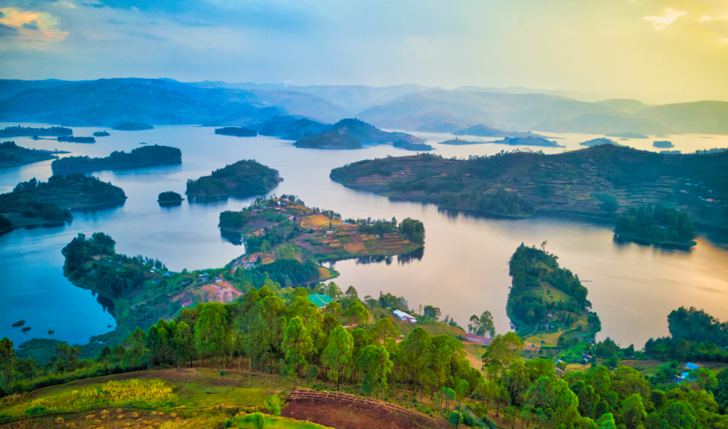 Scenic overview of Lake Bunyonyi surrounded by rolling hills and terraced landscapes